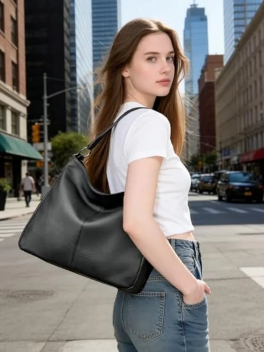 Stylish Genuine Leather Hobo Bag for Women, Large Tote with 2 Straps, Crossbody